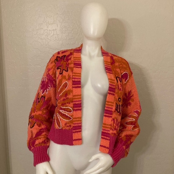 By Anthropologie Embroidered Cardigan Sweater Pink Combo Small - Picture 2 of 16